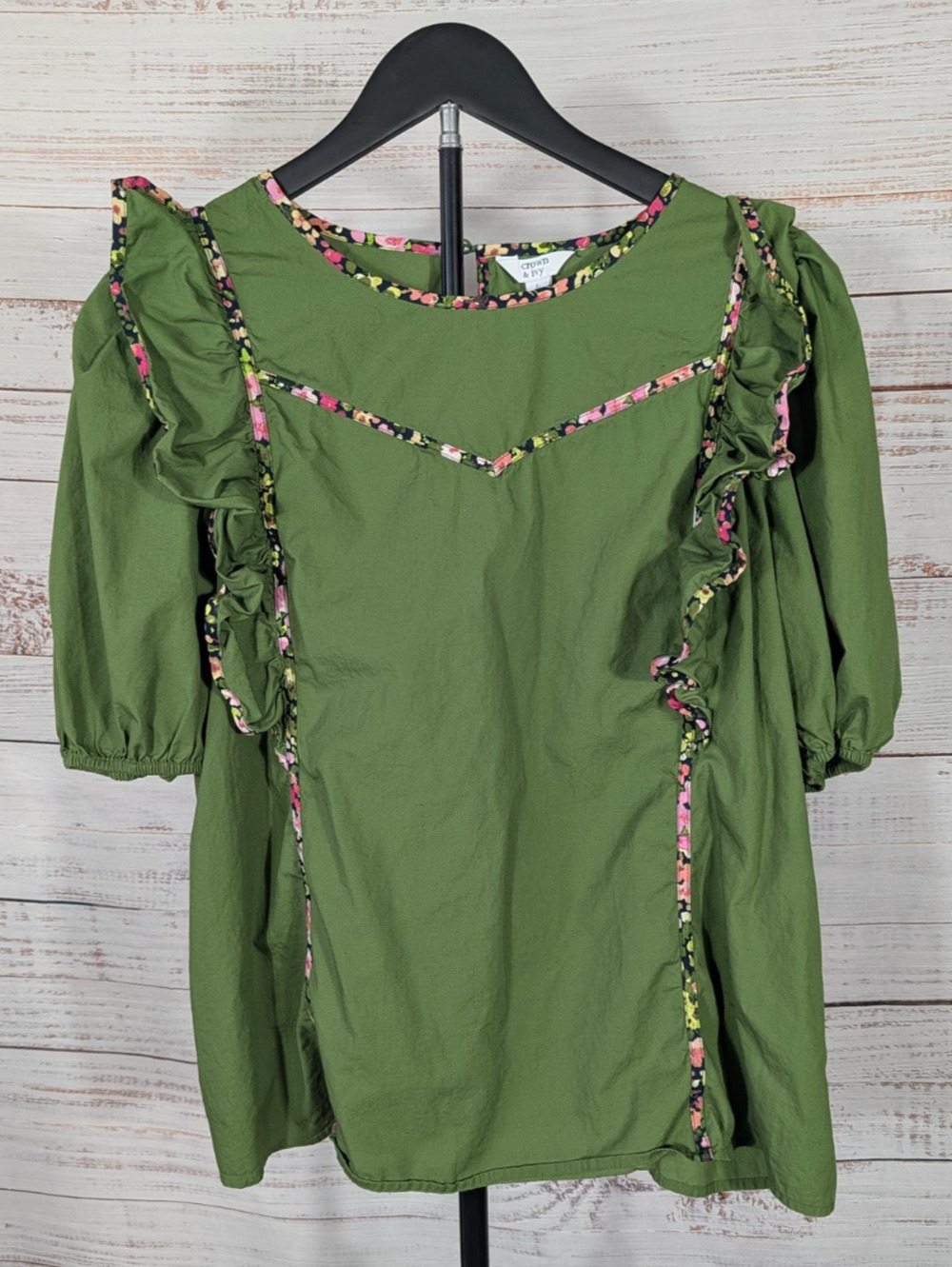Crown Ivy Olive Green Puff Sleeve Blouse Large Floral Ruffle Trim Cotton Top